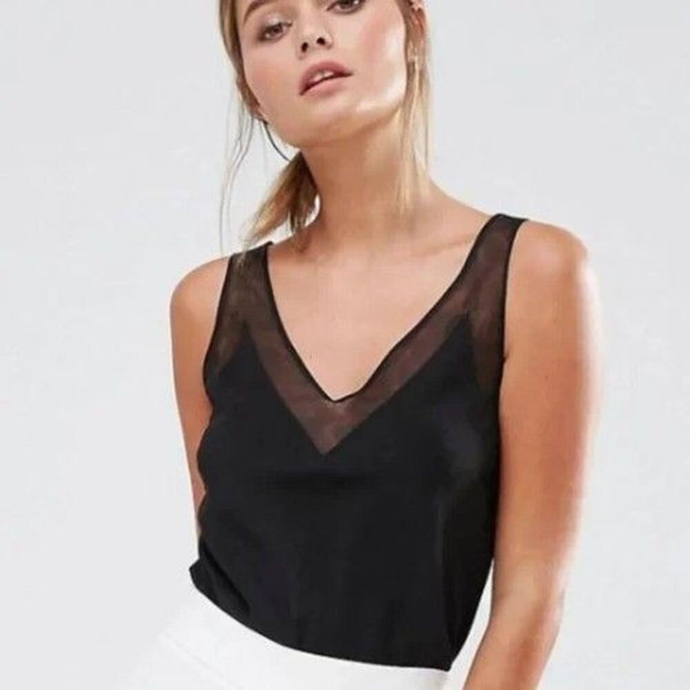 Ted Baker Lilyane Camisole Womens 0 Black Sheer Mesh Trim V Neck Tank Top